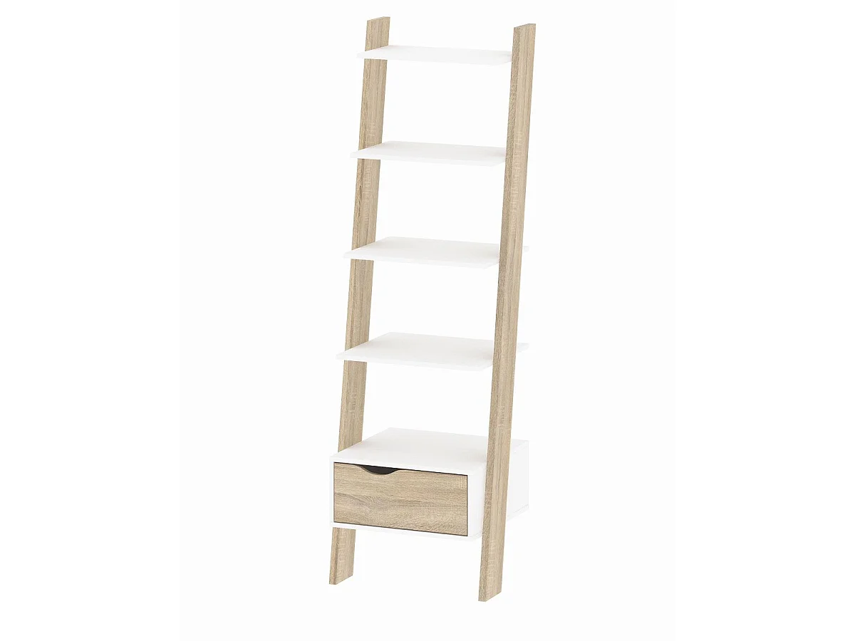 Bücherregal mit 4 Einlegeböden, 1 Schublade weiß und Eiche Dekor H180,4 cm – BILLUND