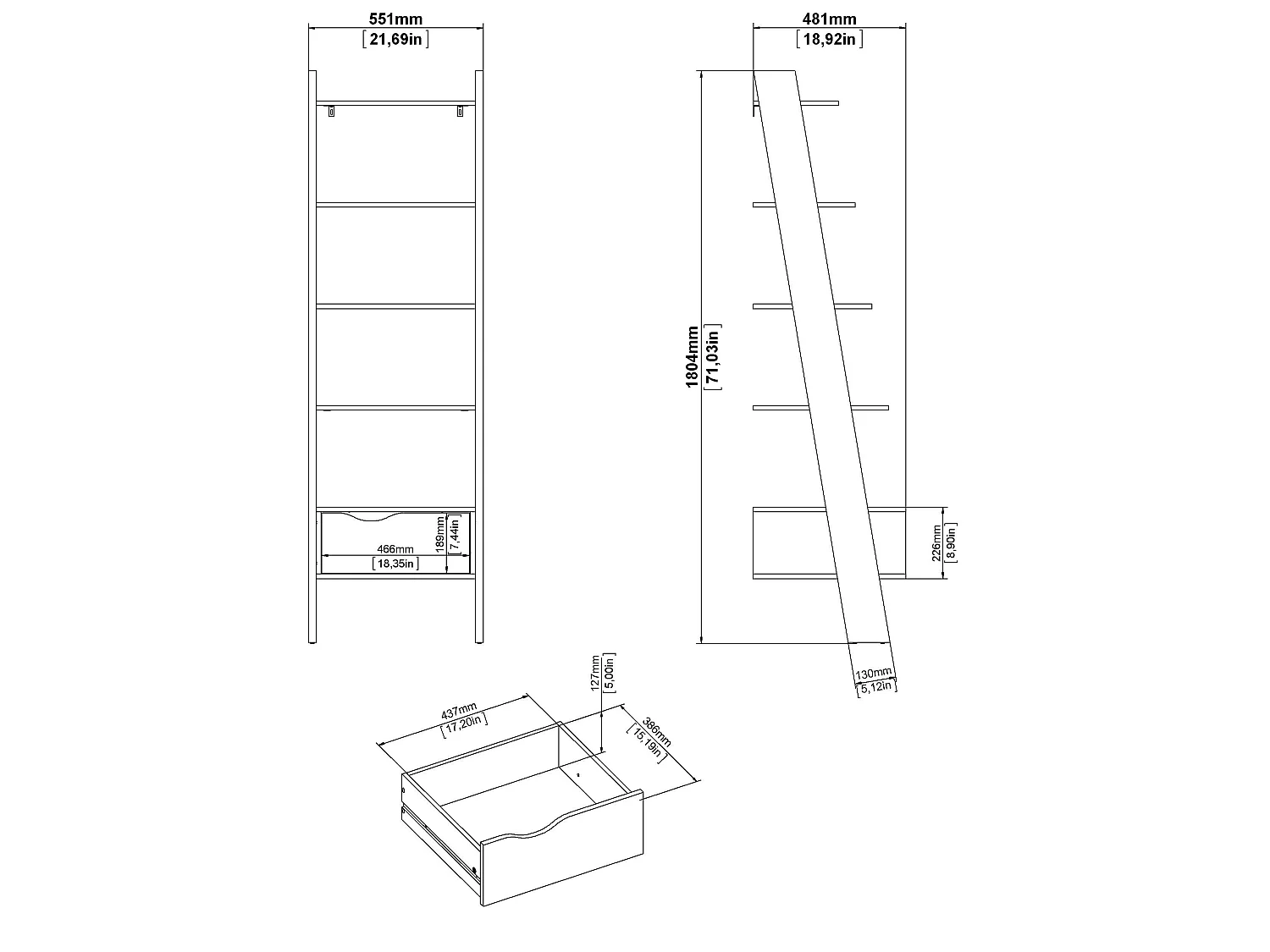Bücherregal mit 4 Einlegeböden, 1 Schublade weiß und Eiche Dekor H180,4 cm – BILLUND