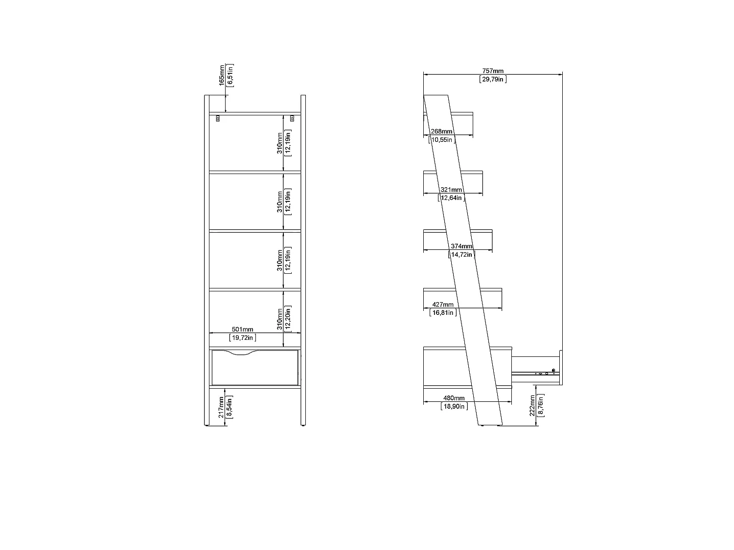 Bücherregal mit 4 Einlegeböden, 1 Schublade weiß und Eiche Dekor H180,4 cm – BILLUND