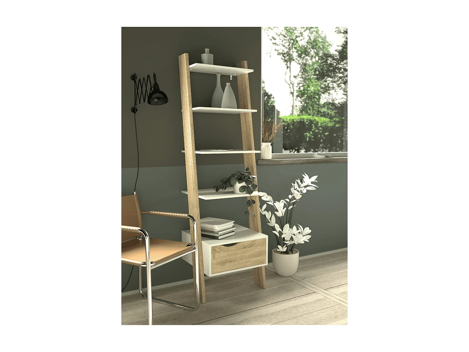 Bibliothèque 4 étagères, 1 tiroir blanc et décor chêne H180,4 cm - BILLUND