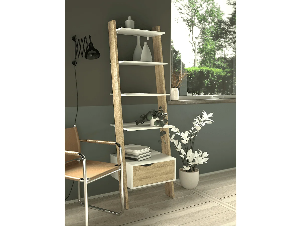 Bücherregal mit 4 Einlegeböden, 1 Schublade weiß und Eiche Dekor H180,4 cm – BILLUND