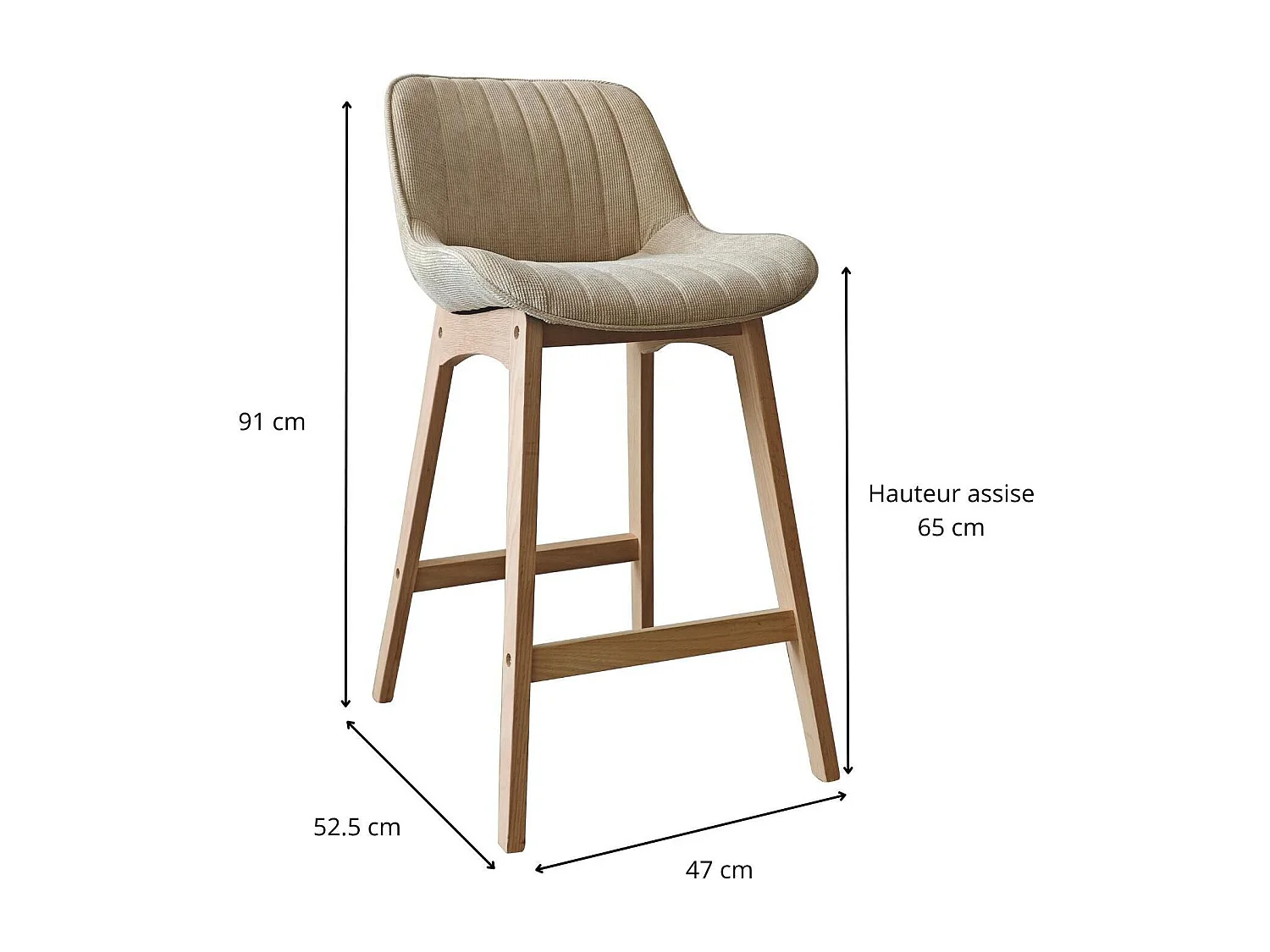Conjunto de sillas de isla y bar NORDEN de roble de 65 cm con asiento de tela de pana