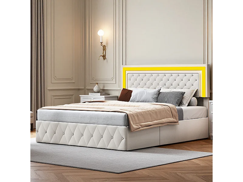 Lit 160x200 cm - NEXU - lit coffre 160x200 cm avec LED - cadre de lit adulte 160x200 cm avec sommier à lattes - tissu en velours - beige