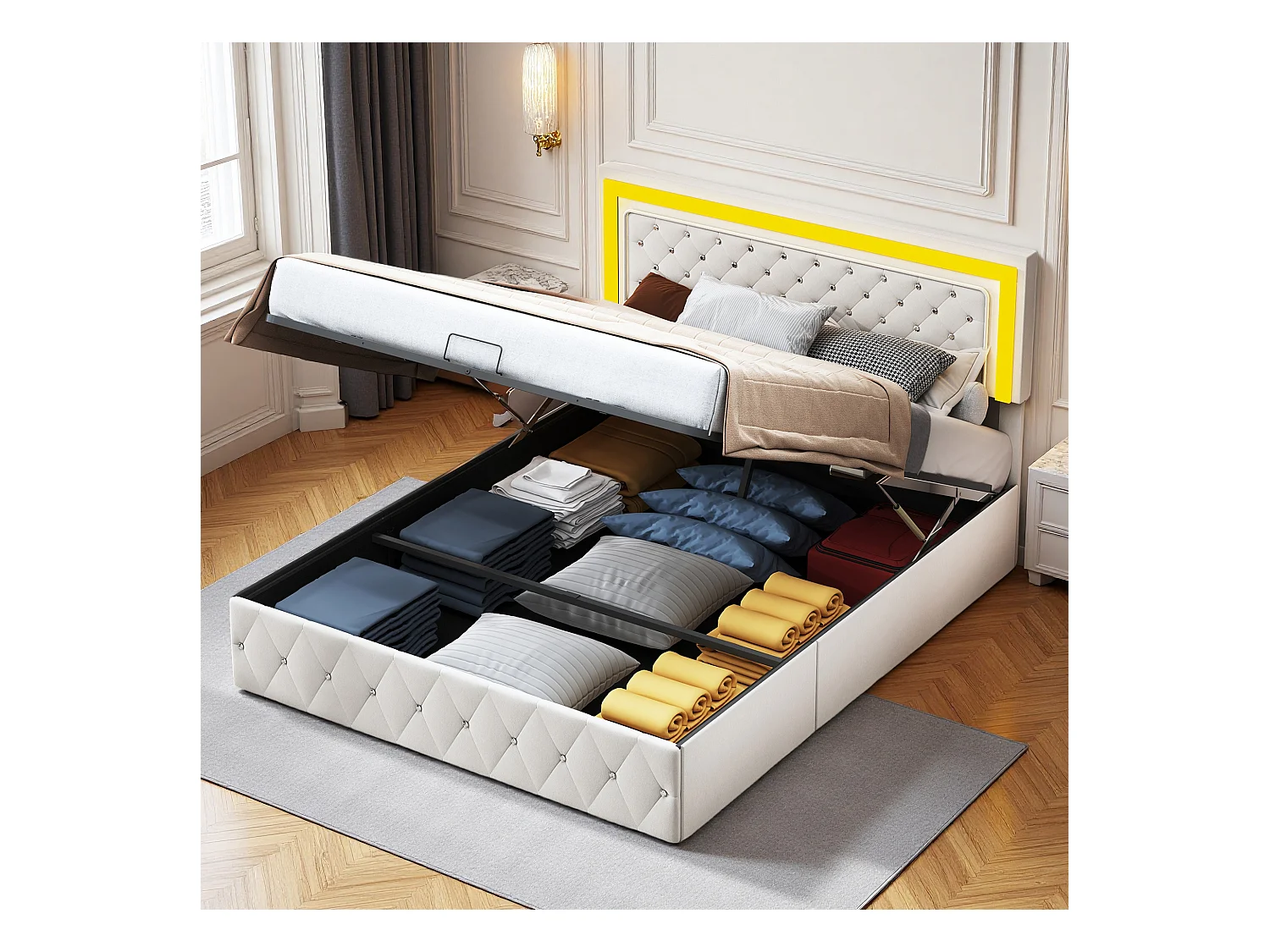 Lit 160x200 cm - NEXU - lit coffre 160x200 cm avec LED - cadre de lit adulte 160x200 cm avec sommier à lattes - tissu en velours - beige