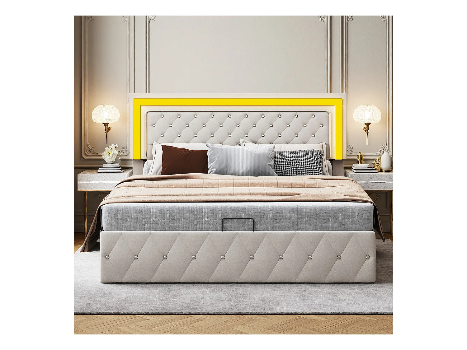 Lit 160x200 cm - NEXU - lit coffre 160x200 cm avec LED - cadre de lit adulte 160x200 cm avec sommier à lattes - tissu en velours - beige