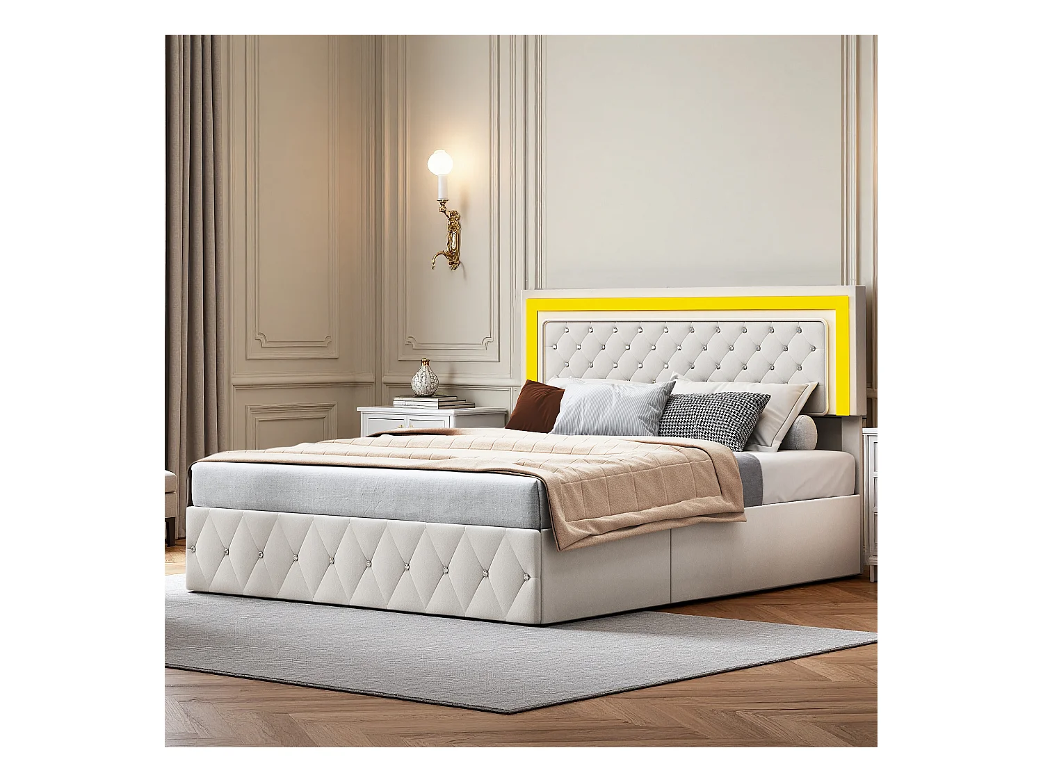 Lit 160x200 cm - NEXU - lit coffre 160x200 cm avec LED - cadre de lit adulte 160x200 cm avec sommier à lattes - tissu en velours - beige