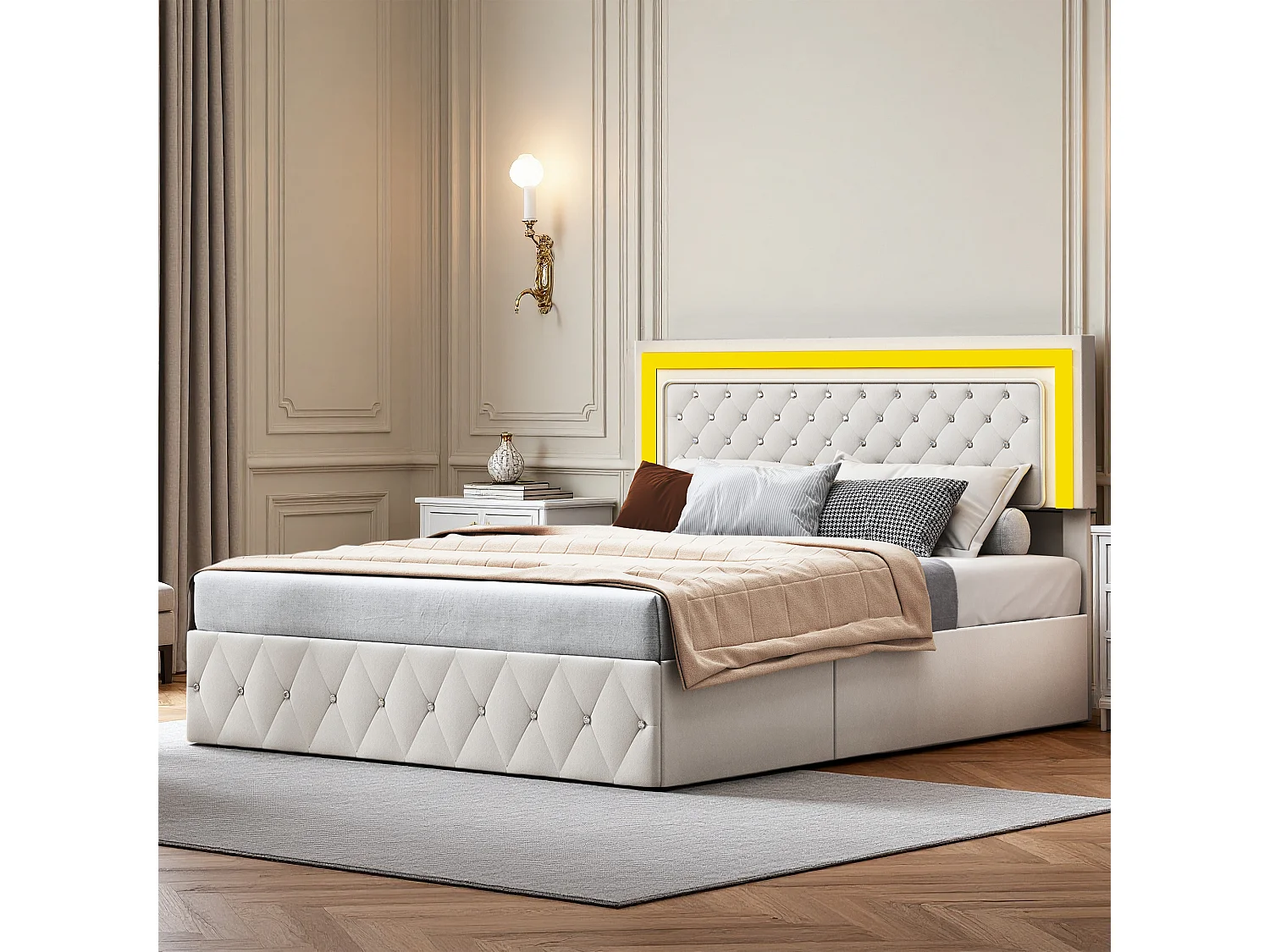 Lit 160x200 cm - NEXU - lit coffre 160x200 cm avec LED - cadre de lit adulte 160x200 cm avec sommier à lattes - tissu en velours - beige