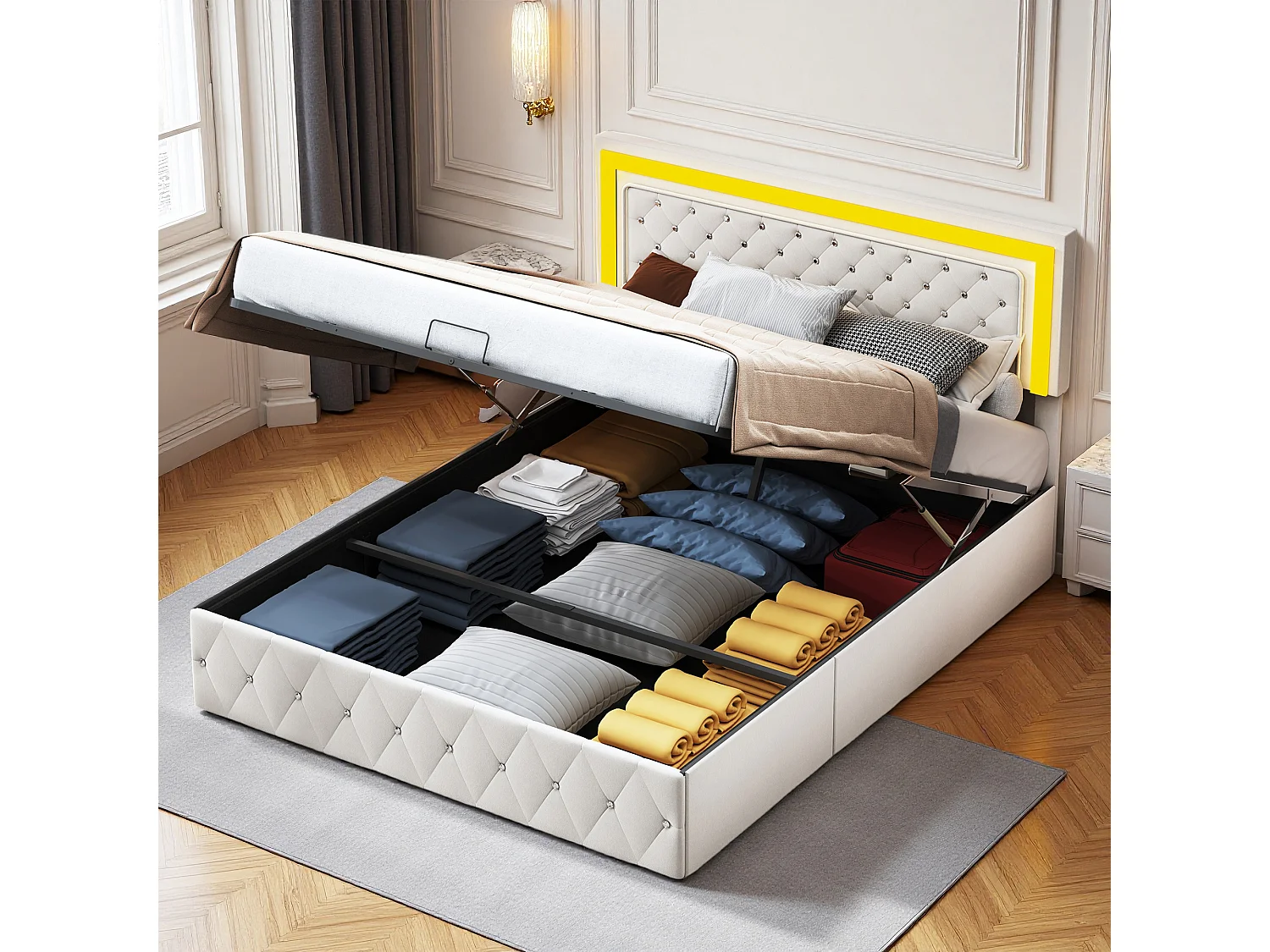 Lit 160x200 cm - NEXU - lit coffre 160x200 cm avec LED - cadre de lit adulte 160x200 cm avec sommier à lattes - tissu en velours - beige