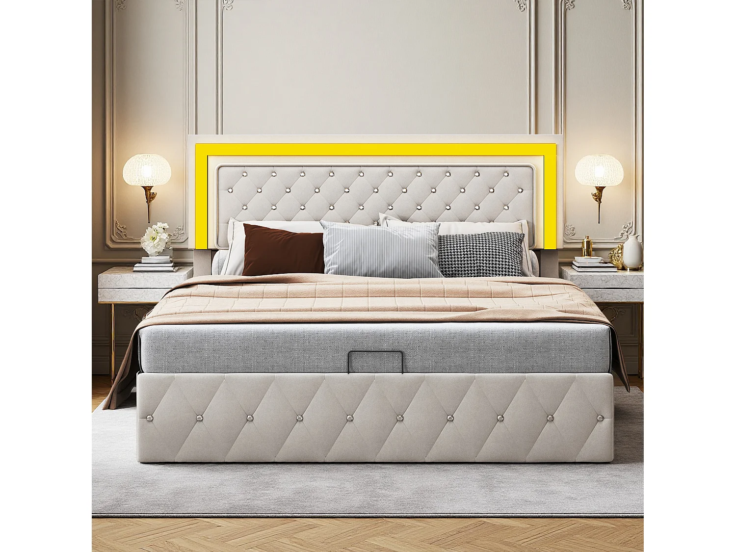 Lit 160x200 cm - NEXU - lit coffre 160x200 cm avec LED - cadre de lit adulte 160x200 cm avec sommier à lattes - tissu en velours - beige