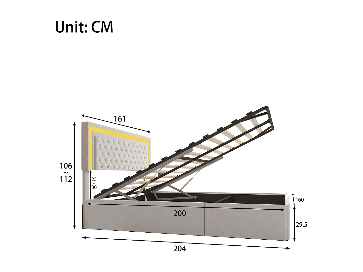 Lit 160x200 cm - NEXU - lit coffre 160x200 cm avec LED - cadre de lit adulte 160x200 cm avec sommier à lattes - tissu en velours - beige