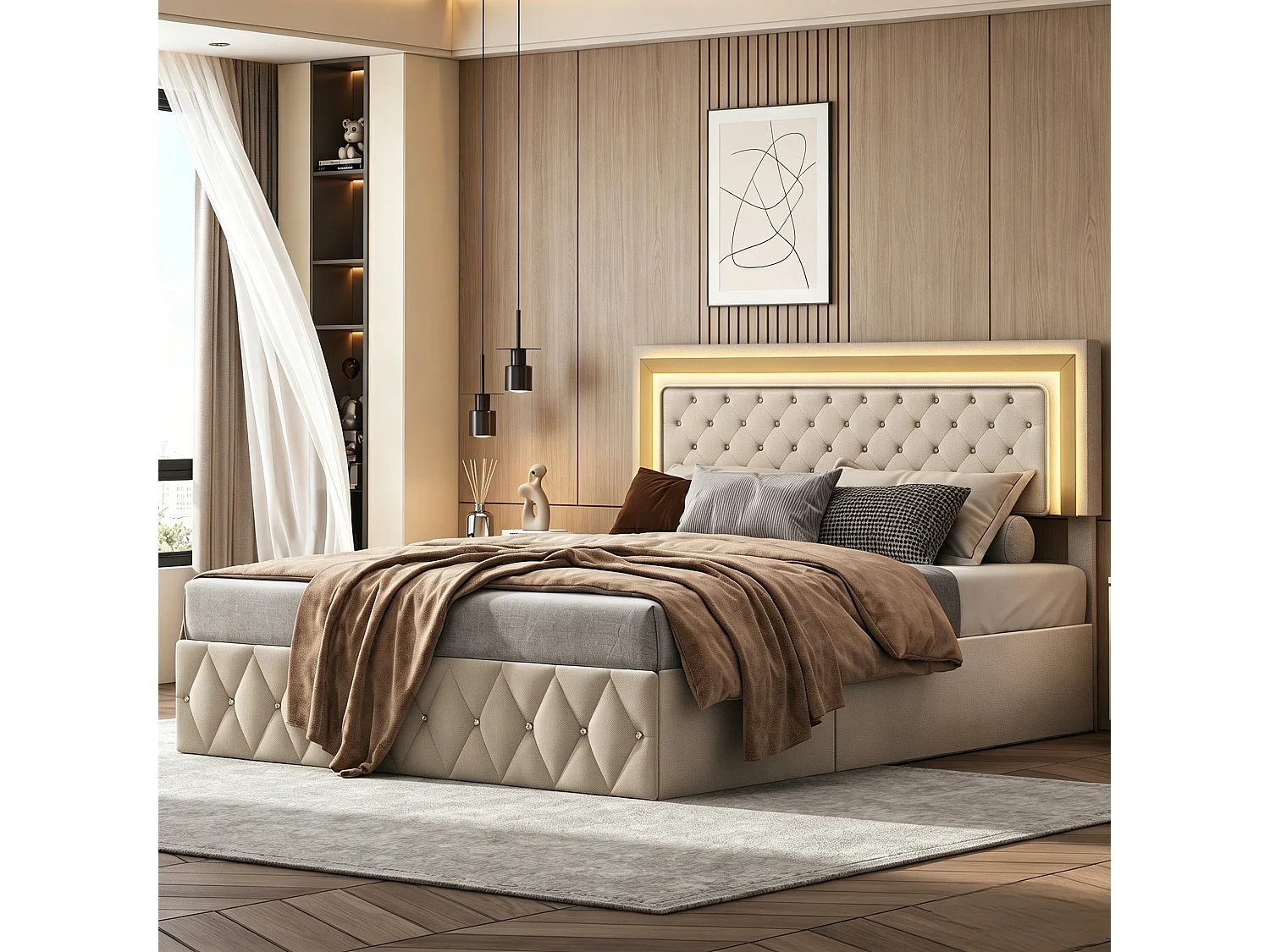 Lit coffre 160 x 200 cm - NEXU - Lit adulte avec sommier à lattes, LED et rangement - tissu velours beige