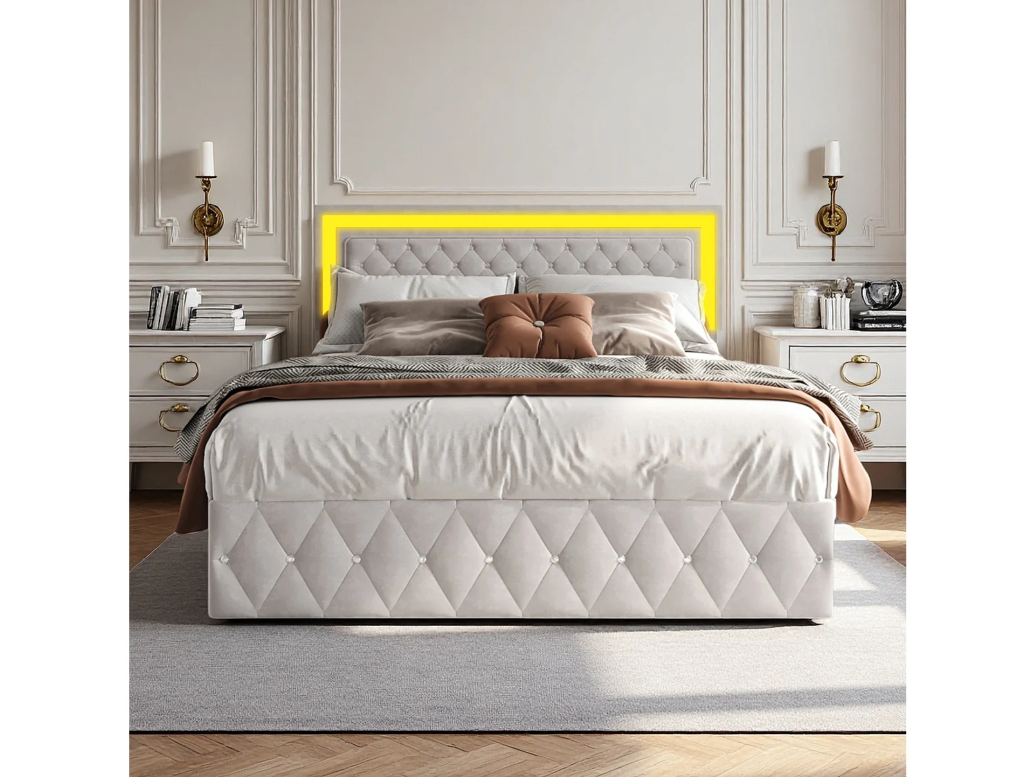 Lit coffre 160 x 200 cm - NEXU - Lit adulte avec sommier à lattes, LED et rangement - tissu velours beige