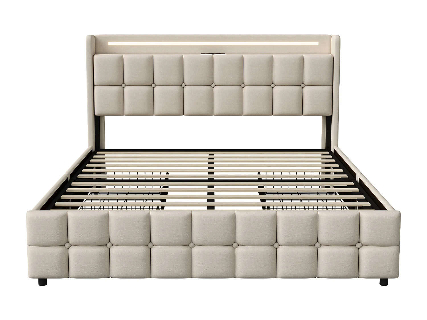 Lit 160x200 cm avec tête de lit rembourré et tiroirs - sommier à lattes - lit adulte en tissu lin - LED et USB - beige