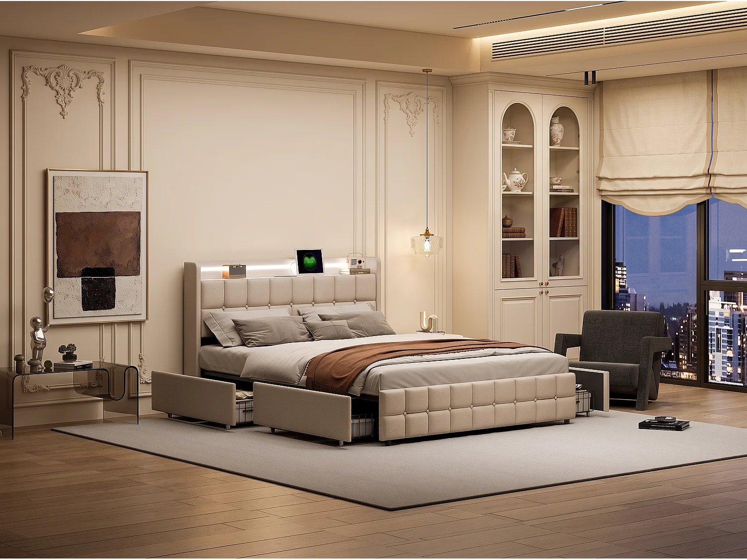 Lit adulte 160x200 cm en tissu lin beige - Lit rembourré avec tête de lit rembourrée, tiroirs de rangement, sommier à lattes, éclairage LED et port USB