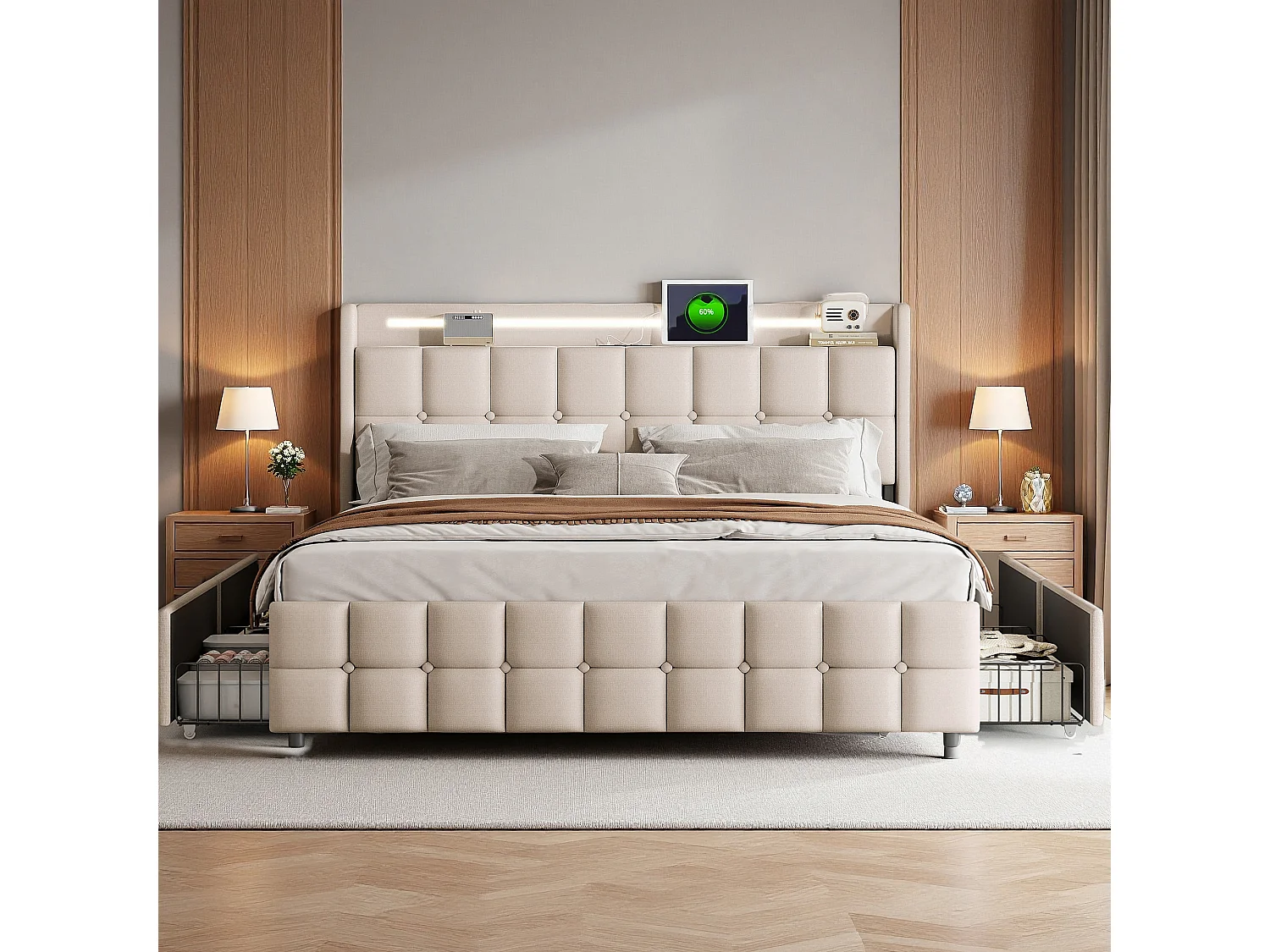 Lit adulte 160x200 cm en tissu lin beige - Lit rembourré avec tête de lit rembourrée, tiroirs de rangement, sommier à lattes, éclairage LED et port USB