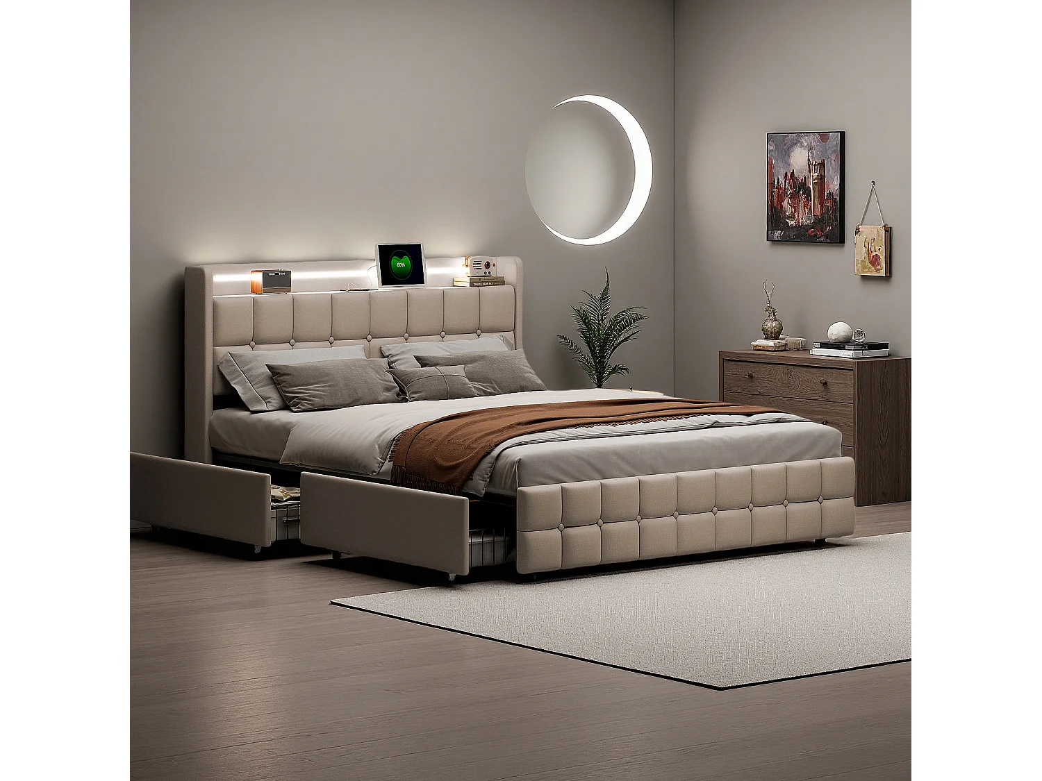Lit adulte 160x200 cm en tissu lin beige - Lit rembourré avec tête de lit rembourrée, tiroirs de rangement, sommier à lattes, éclairage LED et port USB