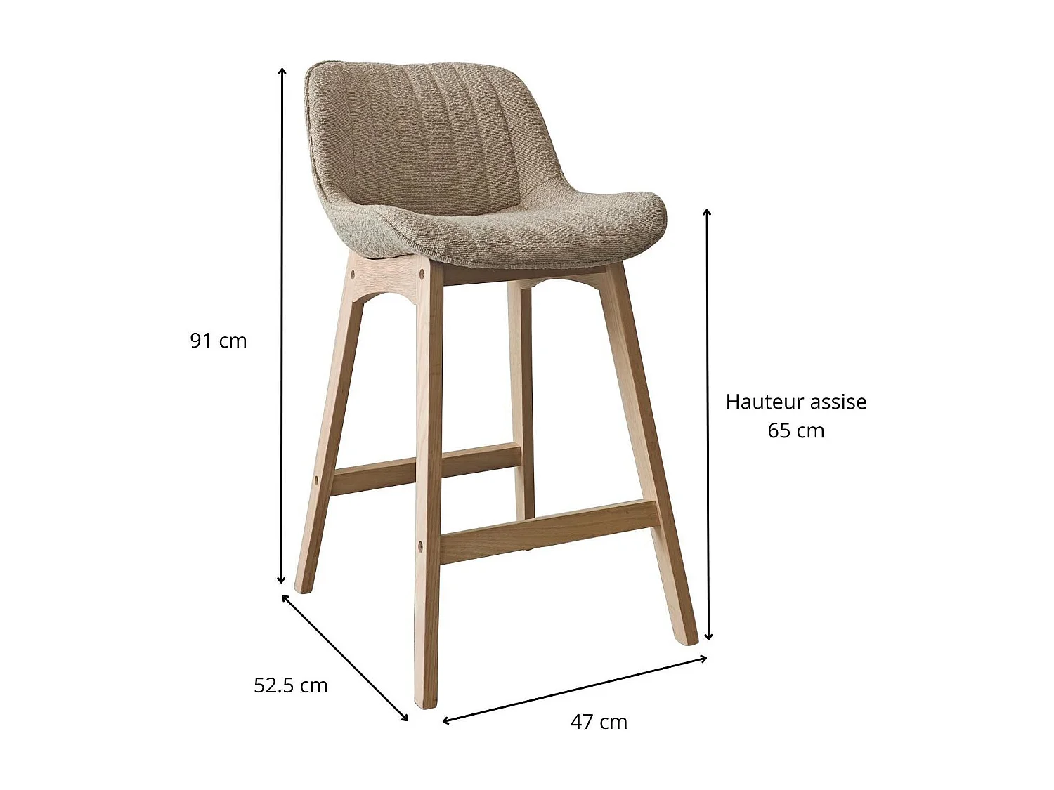 Set di sedie da bar e da isola in rovere con seduta in tessuto spugna MILK da 65 cm