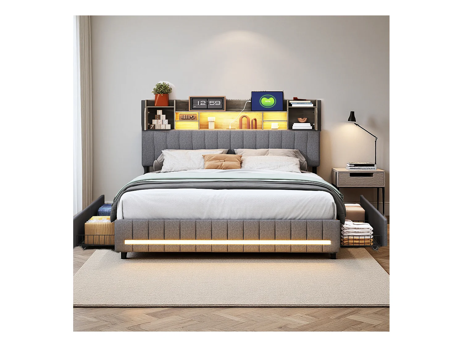 Lit 140x190 cm - NEXU - LED - USB - lit 140x190 cm avec 4 tiroirs - cadre de lit double 140x190 cm avec sommier à lattes - tissu en lin - gris
