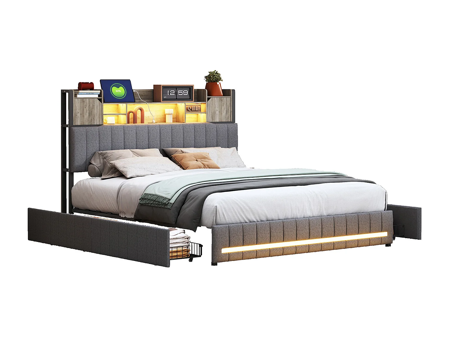 Lit 140x190 cm avec sommier à lattes, LED, USB et Type C, cadre de lit 140x190 avec rangement, tissu en lin, gris