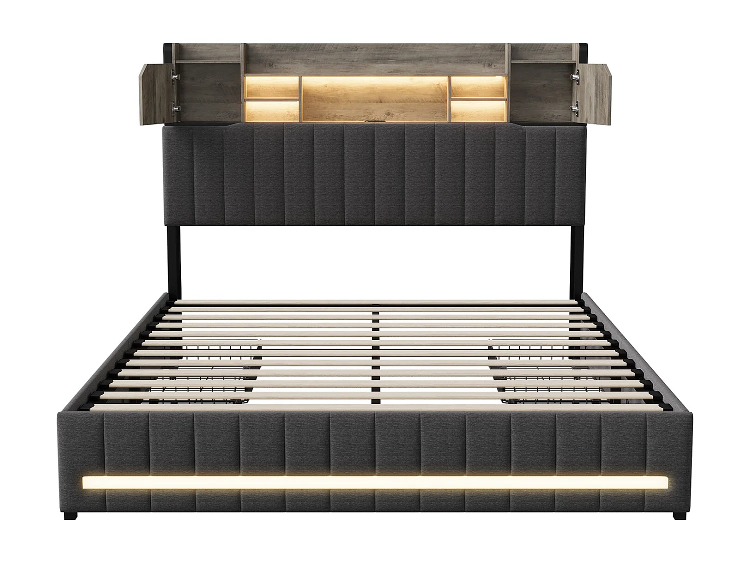 Lit 140x190 cm avec sommier à lattes, LED, USB et Type C, cadre de lit 140x190 avec rangement, tissu en lin, gris