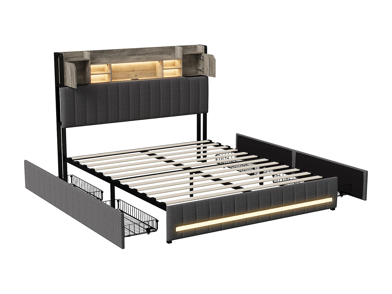 Lit 140x190 cm avec sommier à lattes, LED, USB et Type C, cadre de lit 140x190 avec rangement, tissu en lin, gris