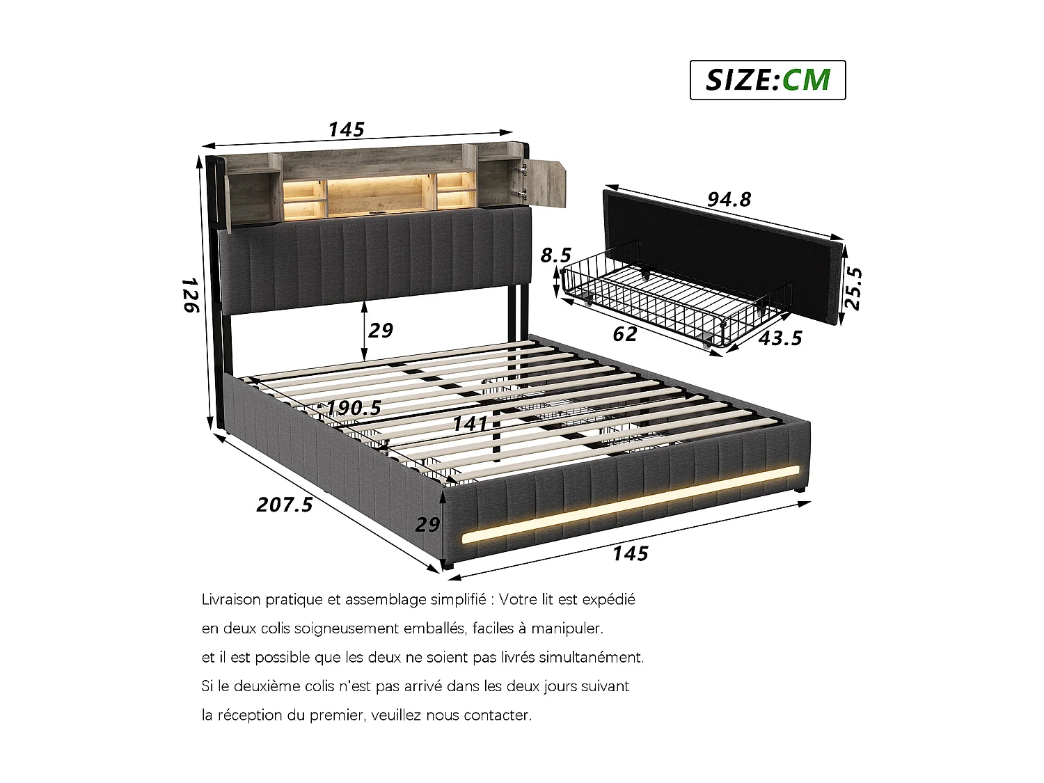 Lit 140x190 cm avec sommier à lattes, LED, USB et Type C, cadre de lit 140x190 avec rangement, tissu en lin, gris