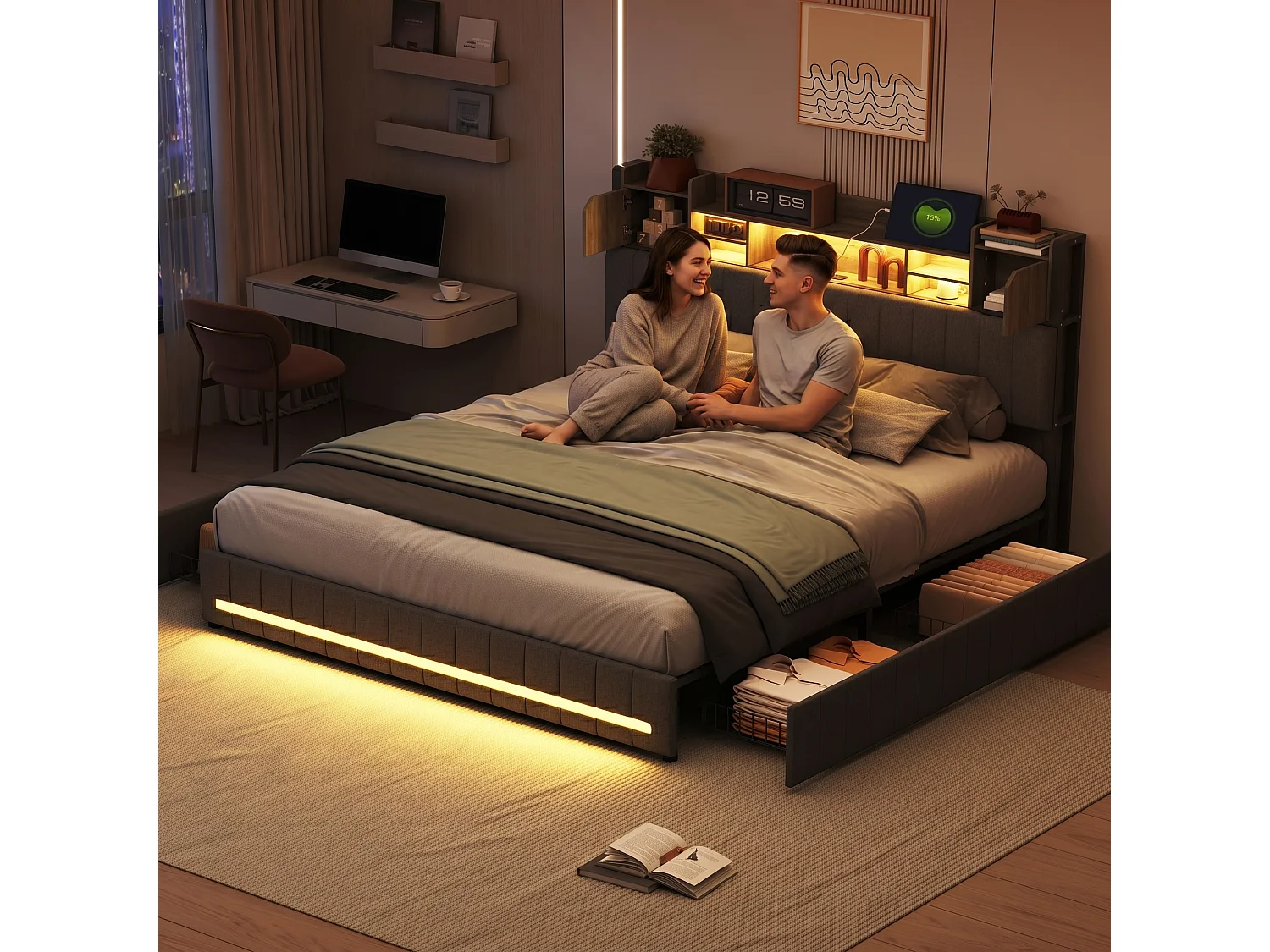Lit 140x190 cm avec rangement, sommier à lattes, LED et ports USB et Type-C, revêtement en tissu de lin gris