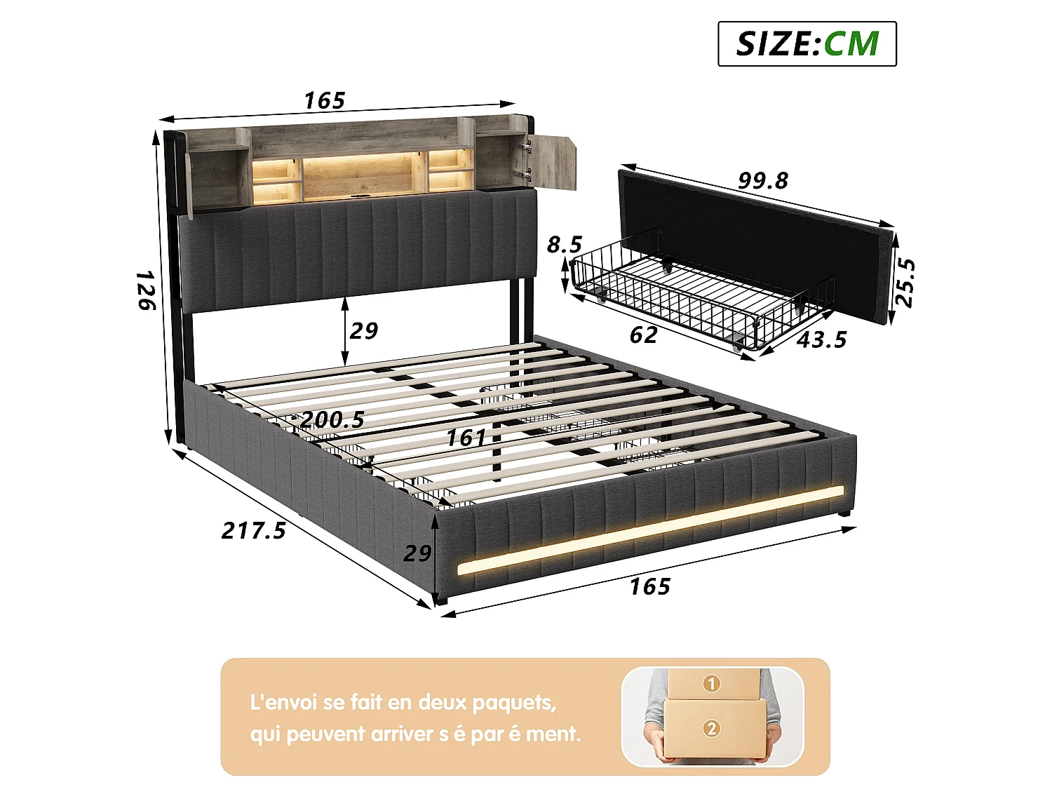 Lit 140x190 cm avec rangement, sommier à lattes, LED et ports USB et Type-C, revêtement en tissu de lin gris