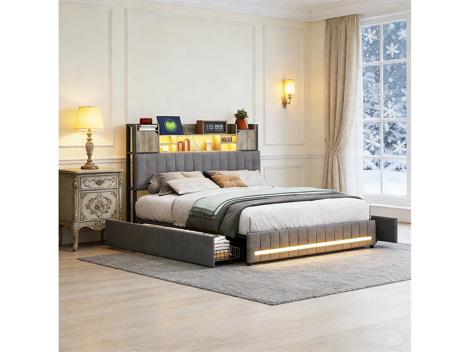 Lit 140x190 cm avec rangement, sommier à lattes, LED et ports USB et Type-C, revêtement en tissu de lin gris