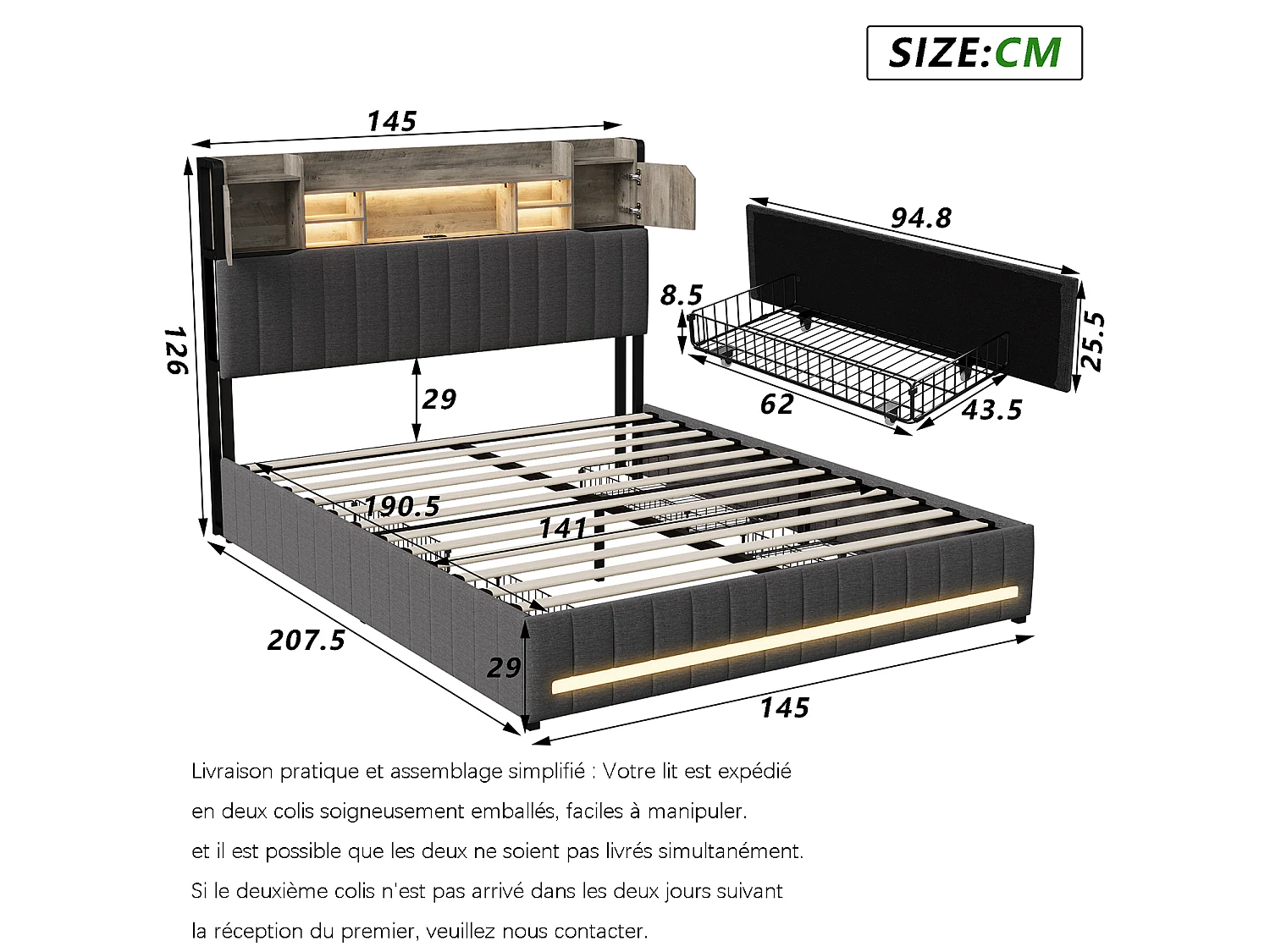 Lit 140x190 cm avec rangement, sommier à lattes, LED et ports USB et Type-C, revêtement en tissu de lin gris