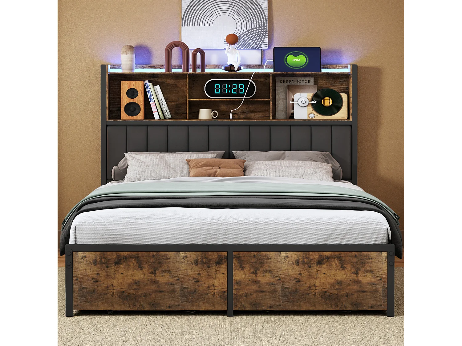 Lit 140x200 cm avec sommier à lattes - NEXU - LED - Type C et USB - 2 tiroir - tissu en PU - Style industriel - cadre de lit audlte 140x200 cm - noir