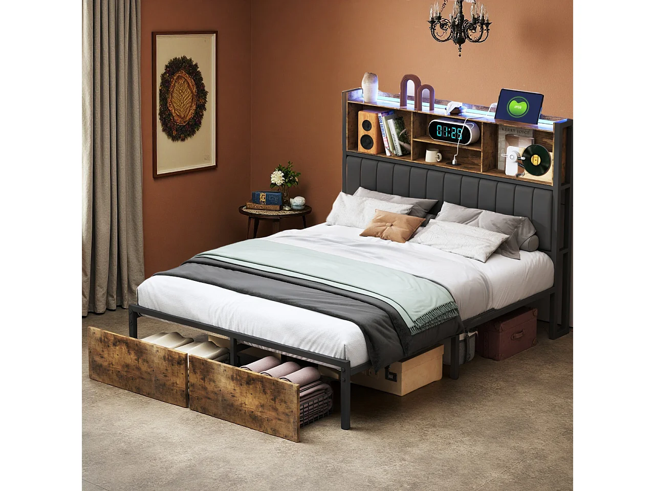 Lit 140x200 cm avec sommier à lattes - NEXU - LED - Type C et USB - 2 tiroir - tissu en PU - Style industriel - cadre de lit audlte 140x200 cm - noir