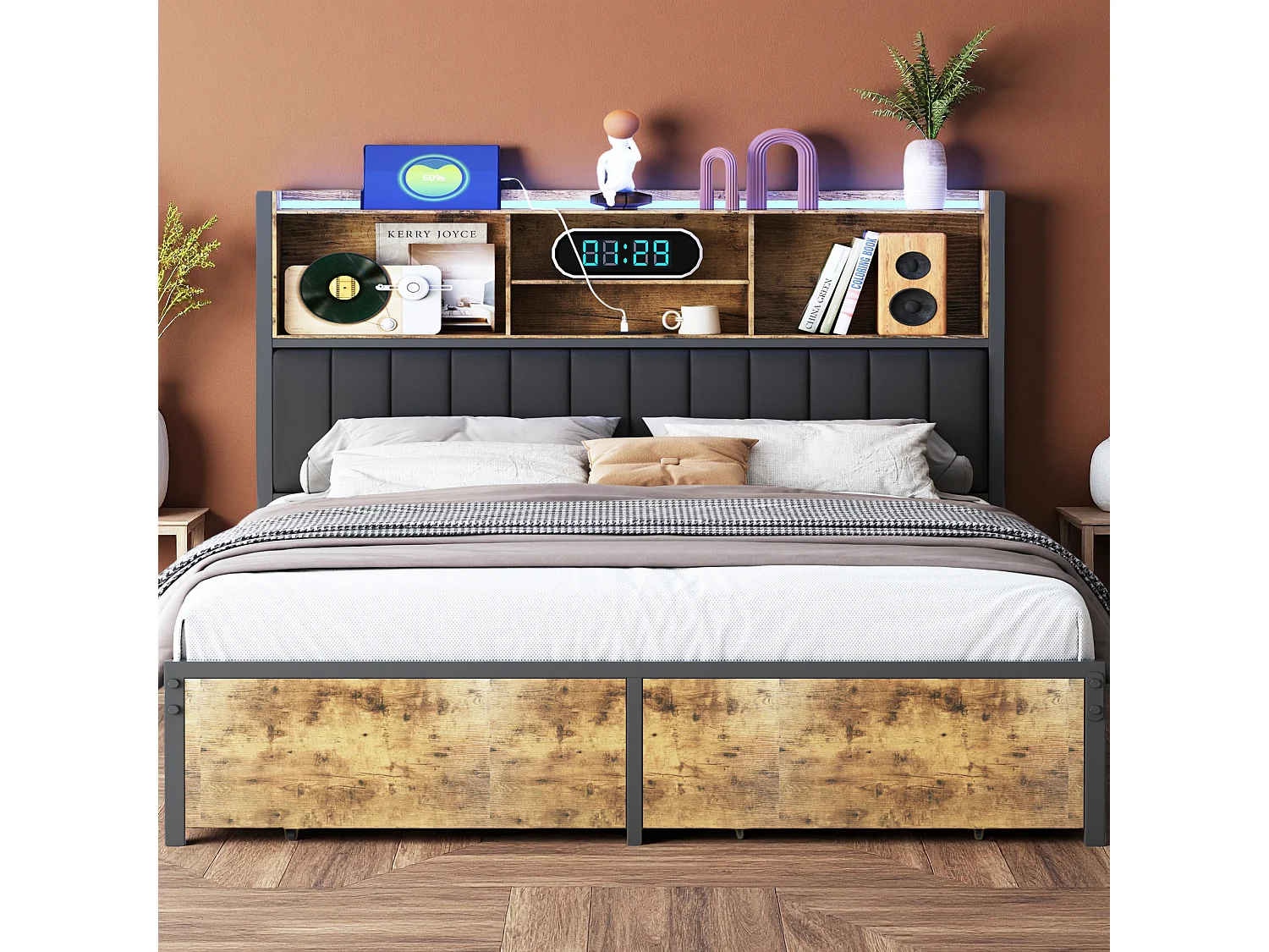 Lit 140x200 cm avec sommier à lattes - NEXU - LED - Type C et USB - 2 tiroir - tissu en PU - Style industriel - cadre de lit audlte 140x200 cm - noir