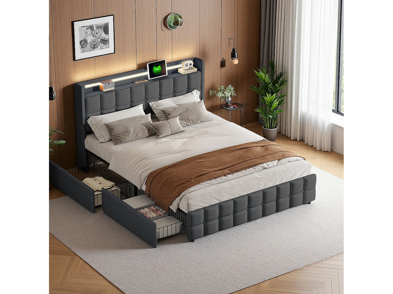 Lit 160x200 cm - NEXU - LED - USB - 4 tiroirs - tissu en lin - cadre de lit adulte 160x200 cm avec sommier à lattes - gris
