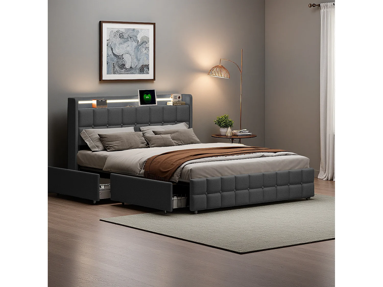 Lit 160x200 cm - NEXU - LED - USB - 4 tiroirs - tissu en lin - cadre de lit adulte 160x200 cm avec sommier à lattes - gris