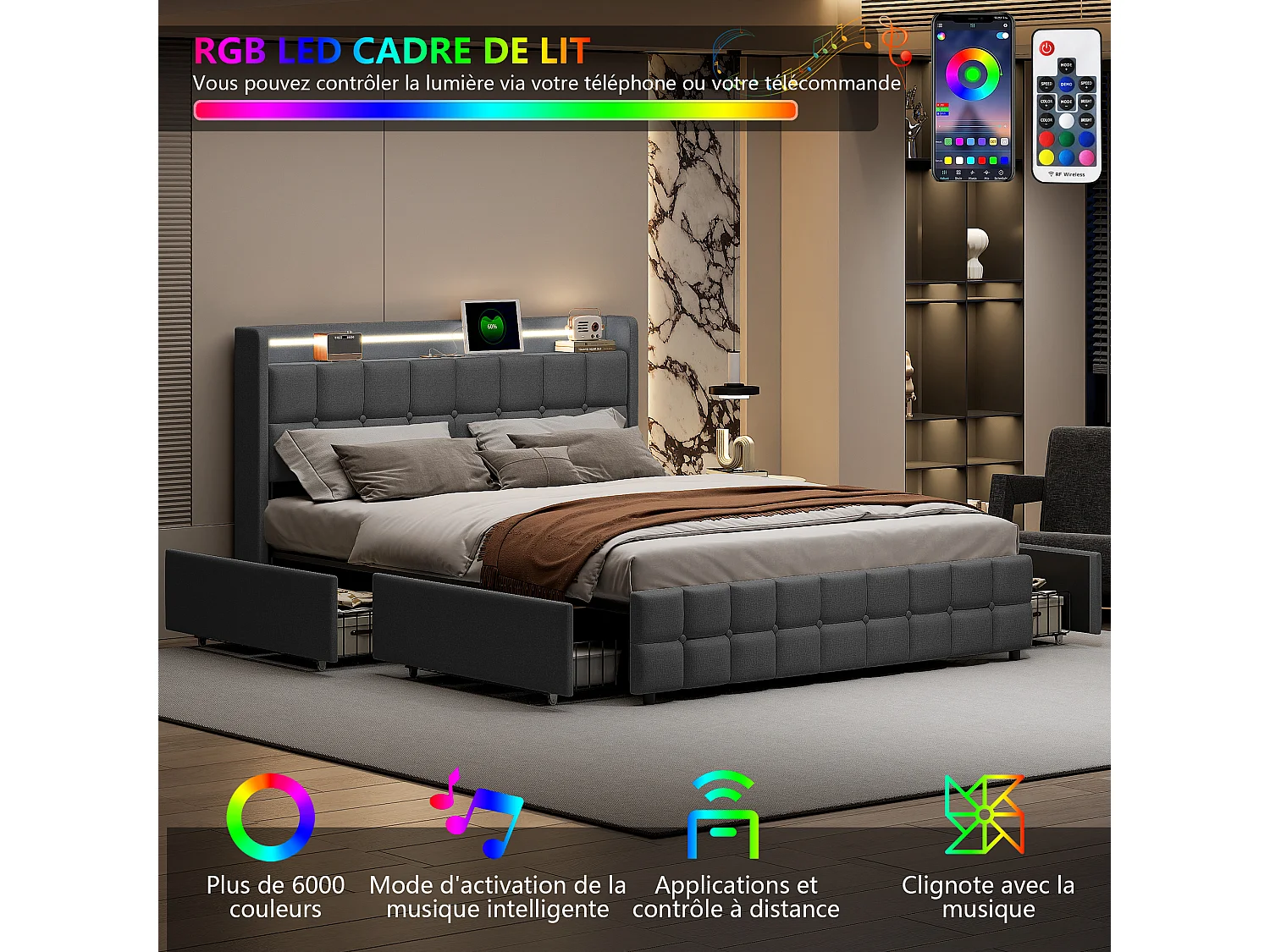 NEXU Lit adulte 160x200 cm avec 4 tiroirs, sommier à lattes, LED et ports USB, revêtement en tissu de lin gris