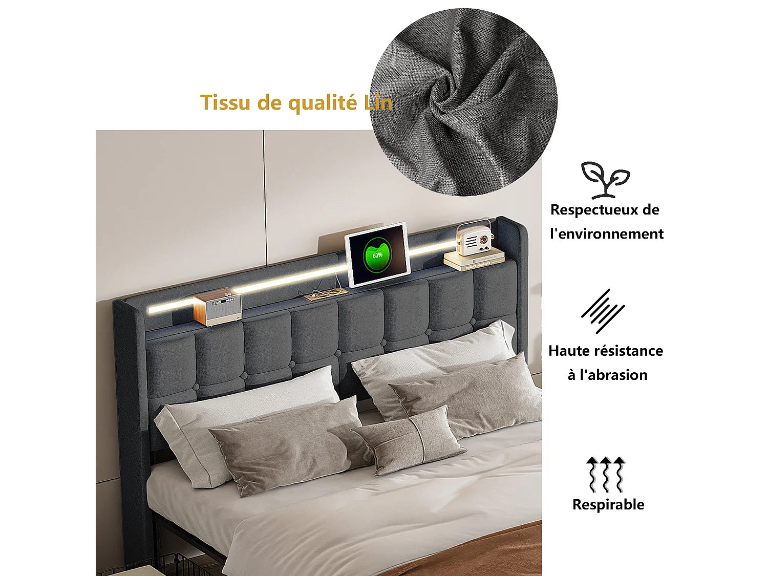 NEXU Lit adulte 160x200 cm avec 4 tiroirs, sommier à lattes, LED et ports USB, revêtement en tissu de lin gris