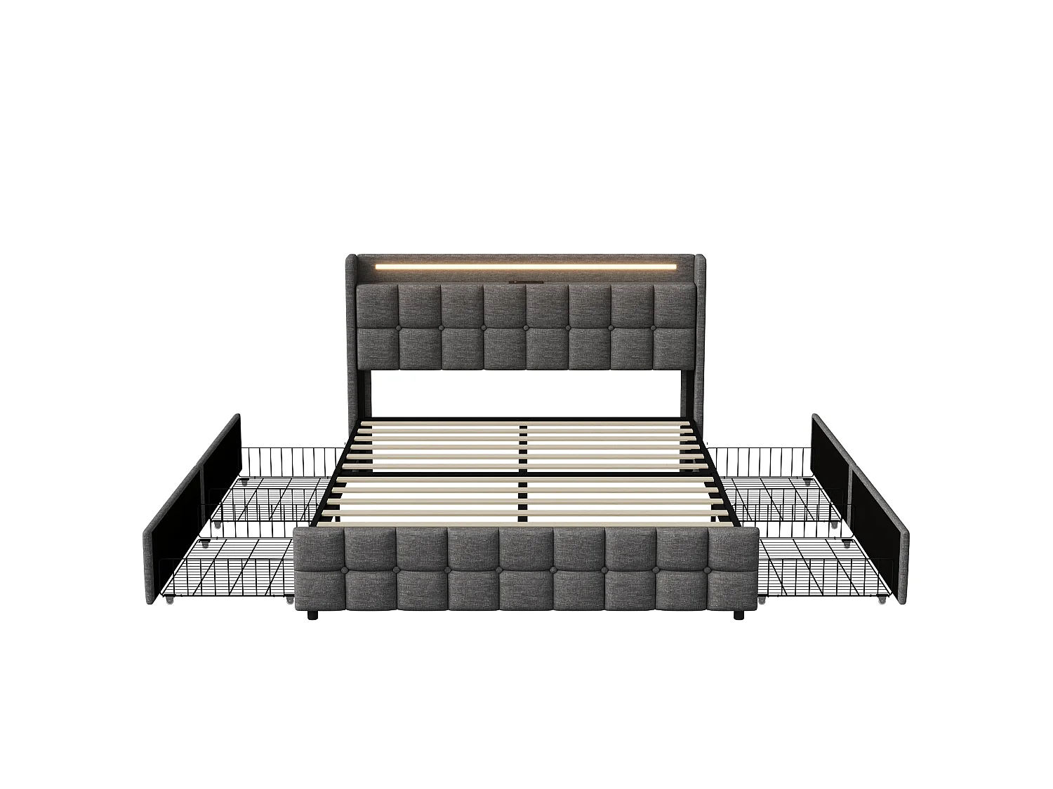 NEXU Lit adulte 160x200 cm avec 4 tiroirs, sommier à lattes, LED et ports USB, revêtement en tissu de lin gris