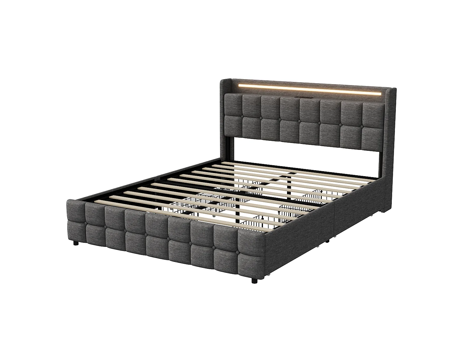 NEXU Lit adulte 160x200 cm avec 4 tiroirs, sommier à lattes, LED et ports USB, revêtement en tissu de lin gris