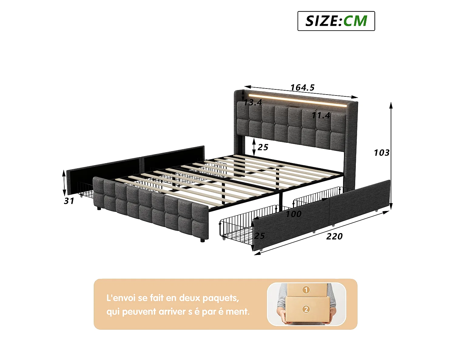 NEXU Lit adulte 160x200 cm avec 4 tiroirs, sommier à lattes, LED et ports USB, revêtement en tissu de lin gris