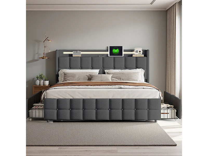 Lit 160x200 cm - NEXU - LED - USB - 4 tiroirs - tissu en lin - cadre de lit adulte 160x200 cm avec sommier à lattes - gris