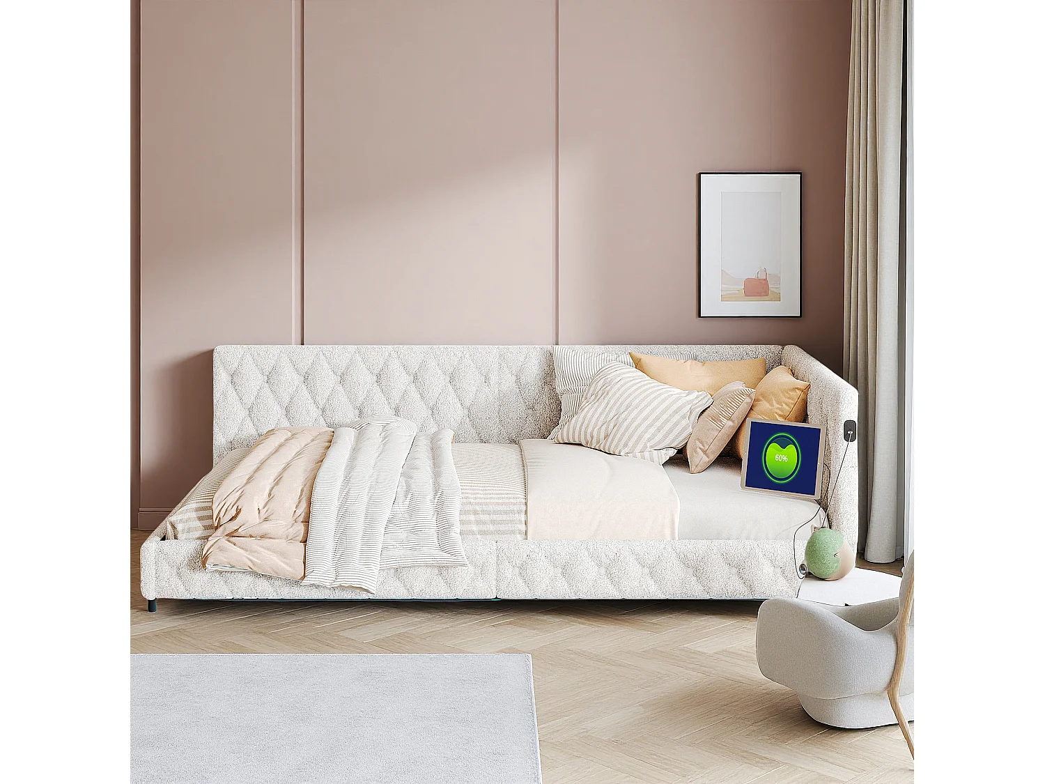 Lit 140x200 cm - NEXU - canapé lit 140x200 cm avec LED et USB - lit double 140x200 cm avec sommier à lattes - tissu en velours - beige