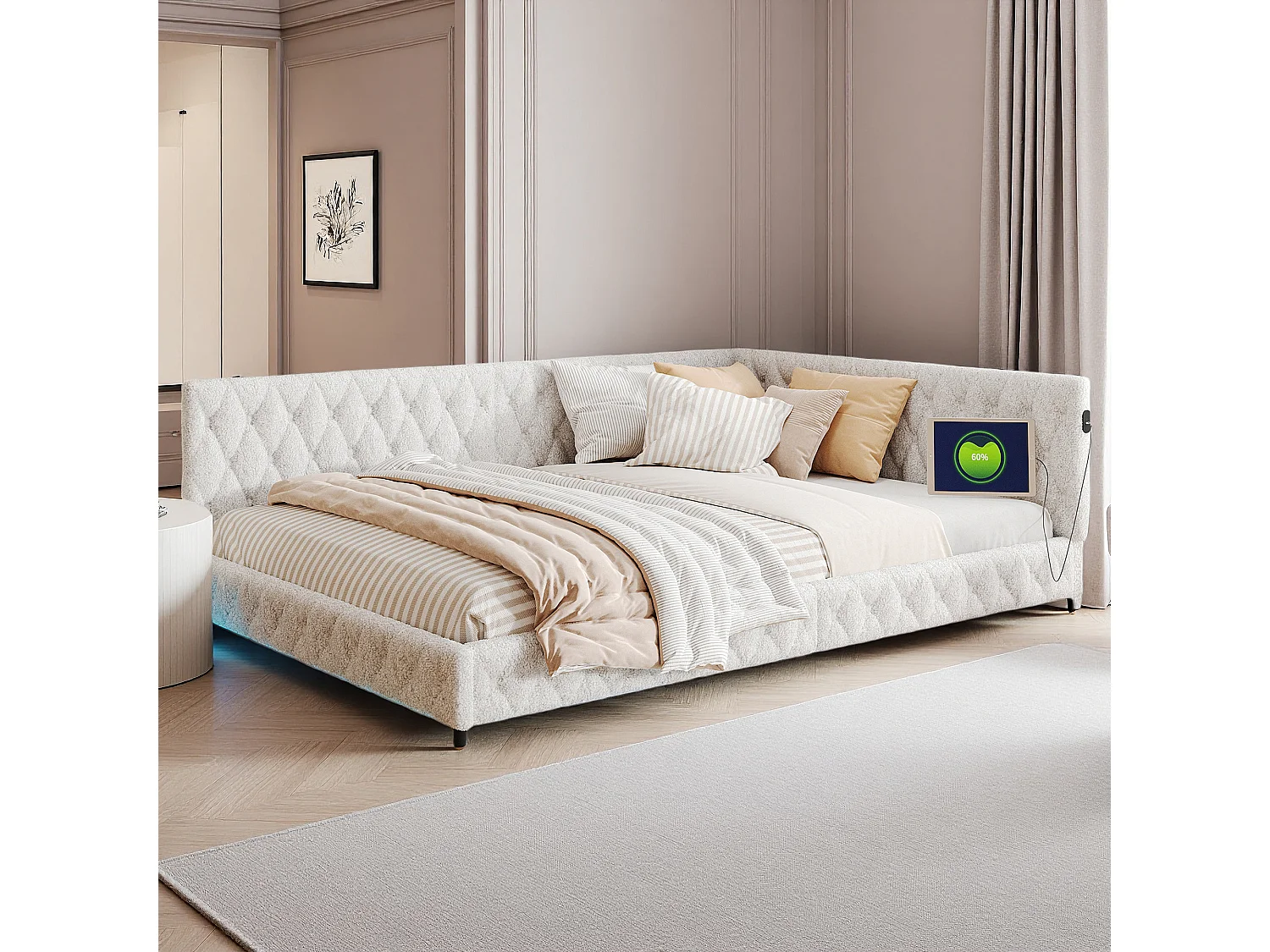 Lit 140x200 cm - NEXU - canapé lit 140x200 cm avec LED et USB - lit double 140x200 cm avec sommier à lattes - tissu en velours - beige