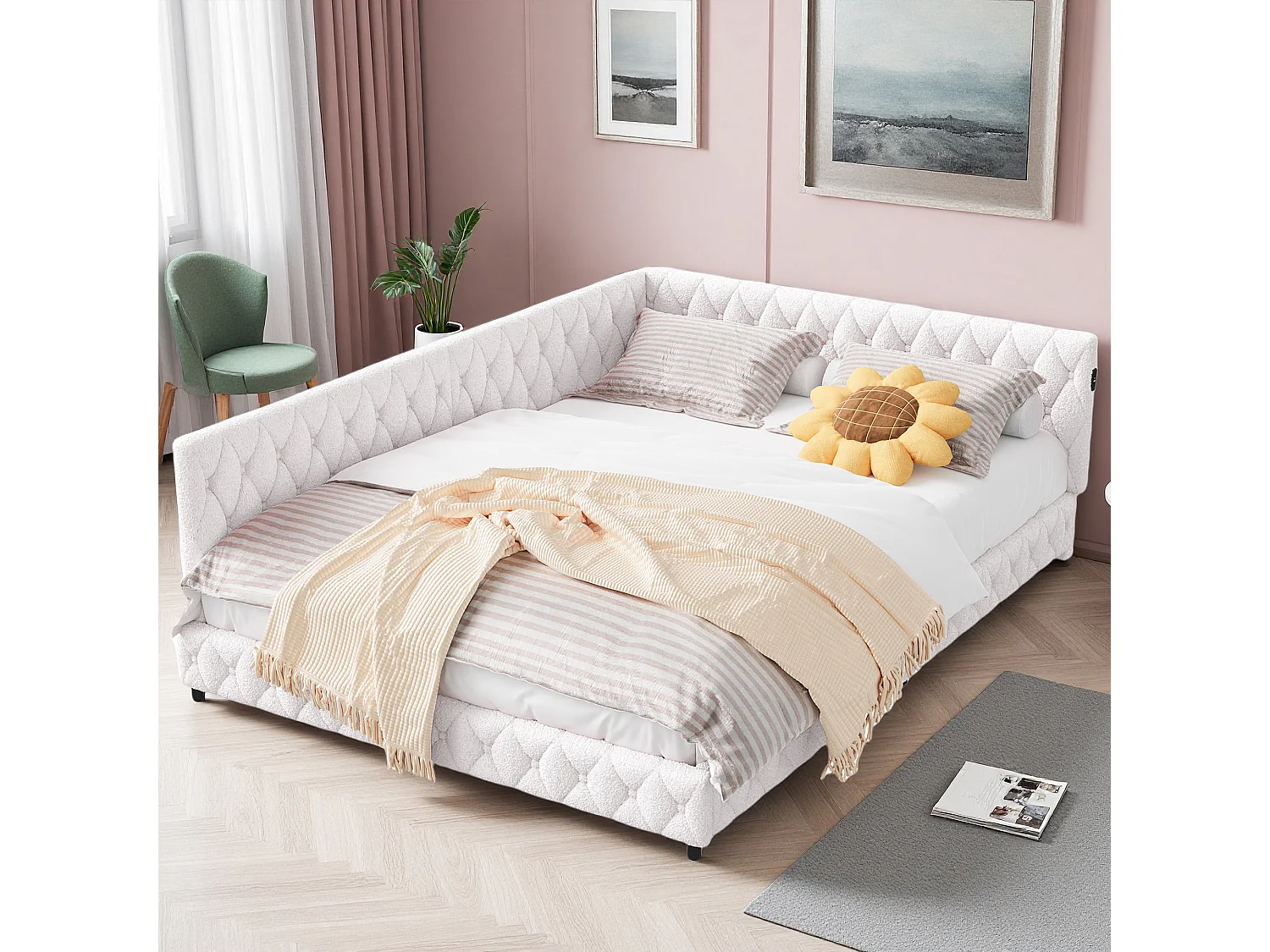 Lit 140x200 cm - NEXU - canapé lit 140x200 cm avec LED et USB - lit double 140x200 cm avec sommier à lattes - tissu en velours - beige