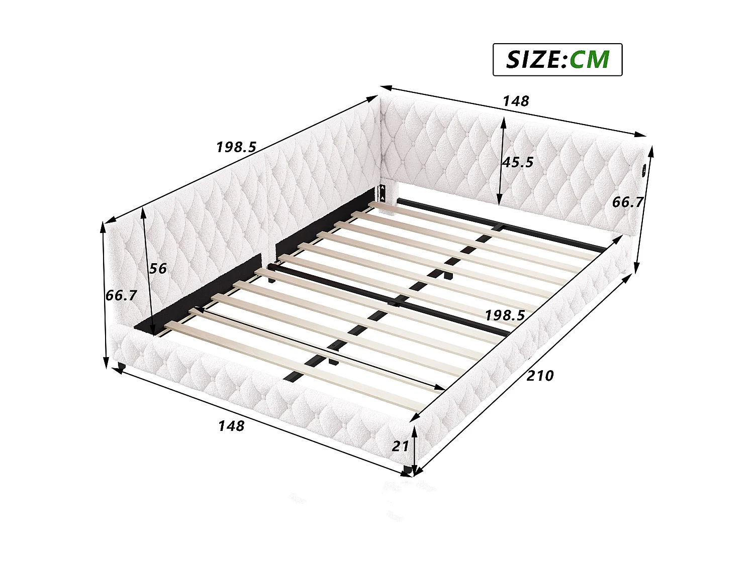 Lit 140x200 cm - NEXU - canapé lit 140x200 cm avec LED et USB - lit double 140x200 cm avec sommier à lattes - tissu en velours - beige