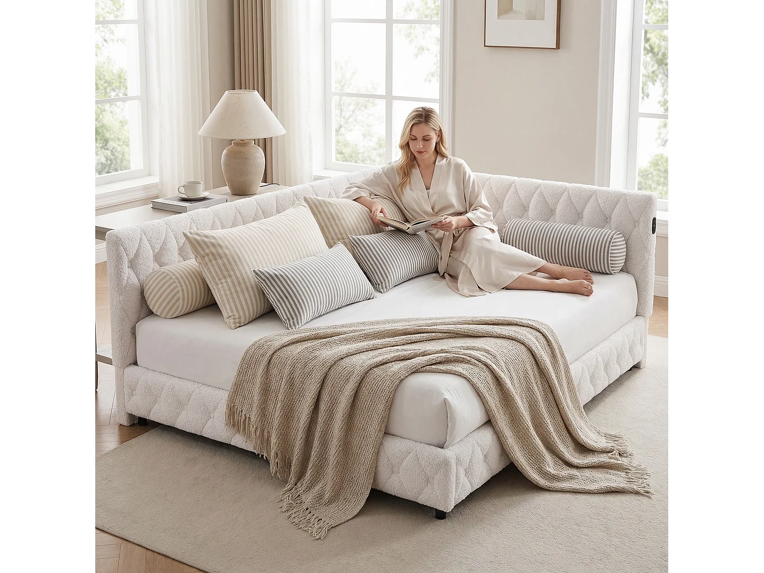 Lit double 140 x 200 cm - NEXU - Canapé lit avec sommier à lattes, LED et port USB - tissu velours beige