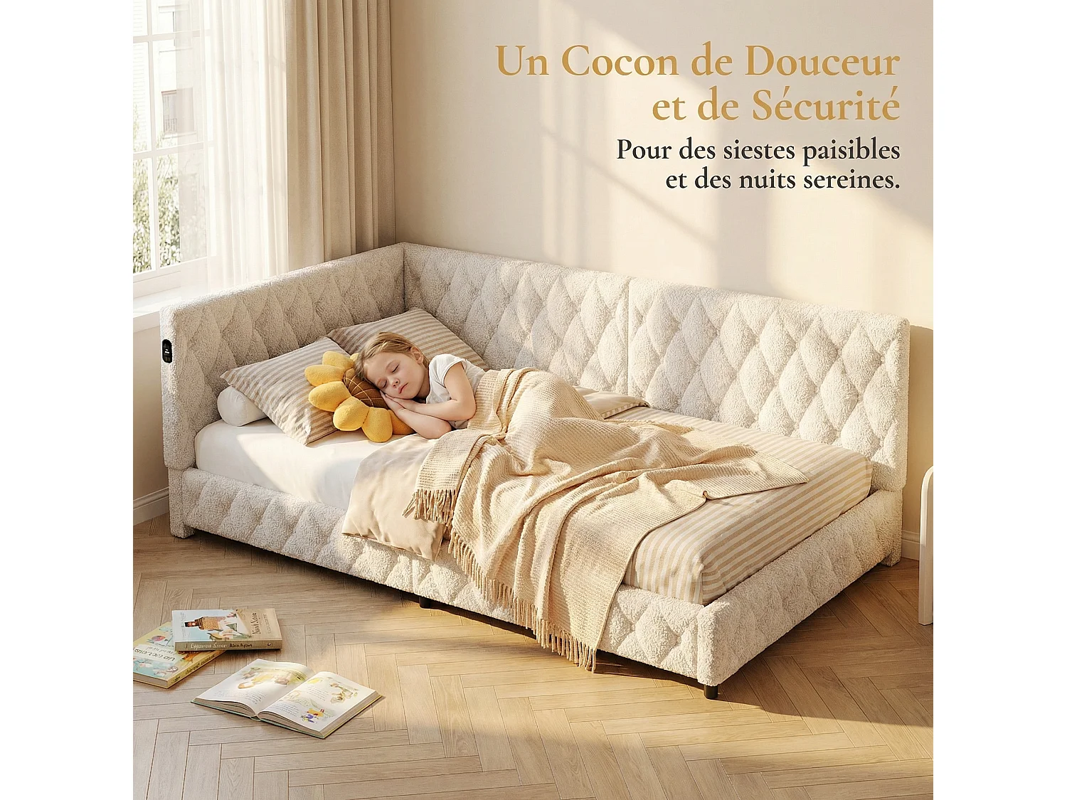 Lit double 140 x 200 cm - NEXU - Canapé lit avec sommier à lattes, LED et port USB - tissu velours beige