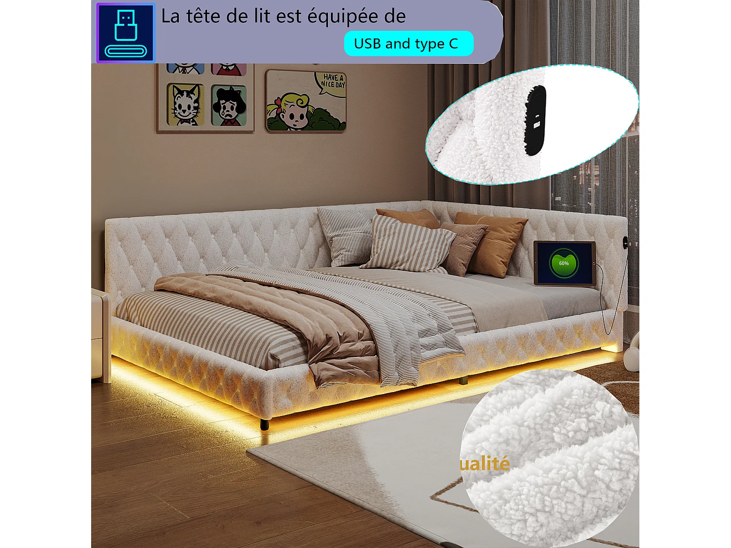 Lit double 140 x 200 cm - NEXU - Canapé lit avec sommier à lattes, LED et port USB - tissu velours beige