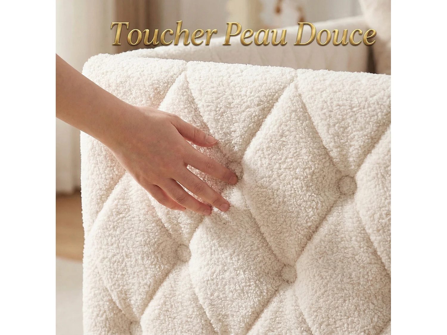 Lit double 140 x 200 cm - NEXU - Canapé lit avec sommier à lattes, LED et port USB - tissu velours beige