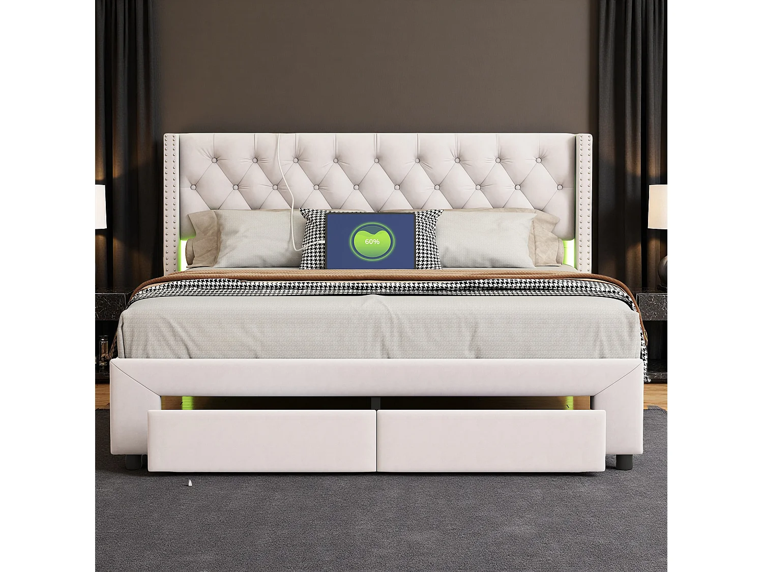 Lit 160x200 cm - NEXU - lit double 160x200 cm - tissu en Velours - LED et USB - cadre de lit adulte 160x200 cm avec sommier à lattes - beige